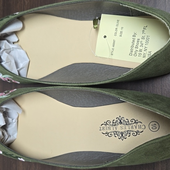Charles Albert Size 10 Olive Green Floral Embroidered Vegan Ballet Flats - Picture 7 of 8